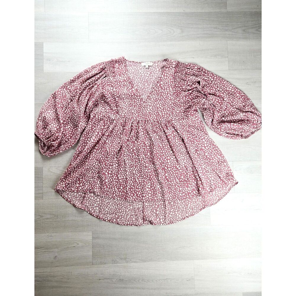 Umgee Dusty Rose Spotted Animal Print Peplum Blouse Womens XL Balloon Sleeve